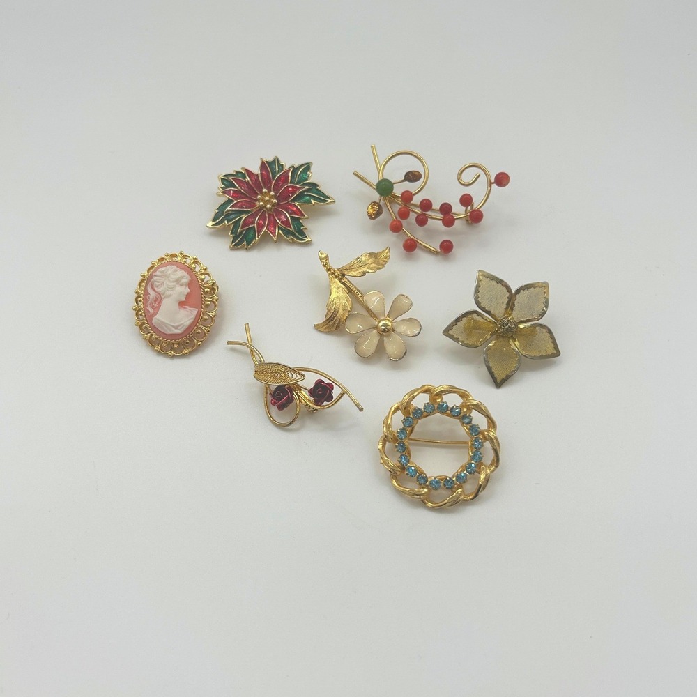 Vintage Brooch Lot Gold Tone Cameo Floral Beaded Abstract Layering Pins Eclectic